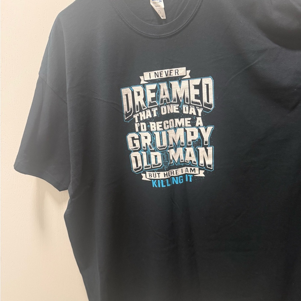 Gildan Black T‑Shirt with White and Blue Grumpy Old Man Graphic